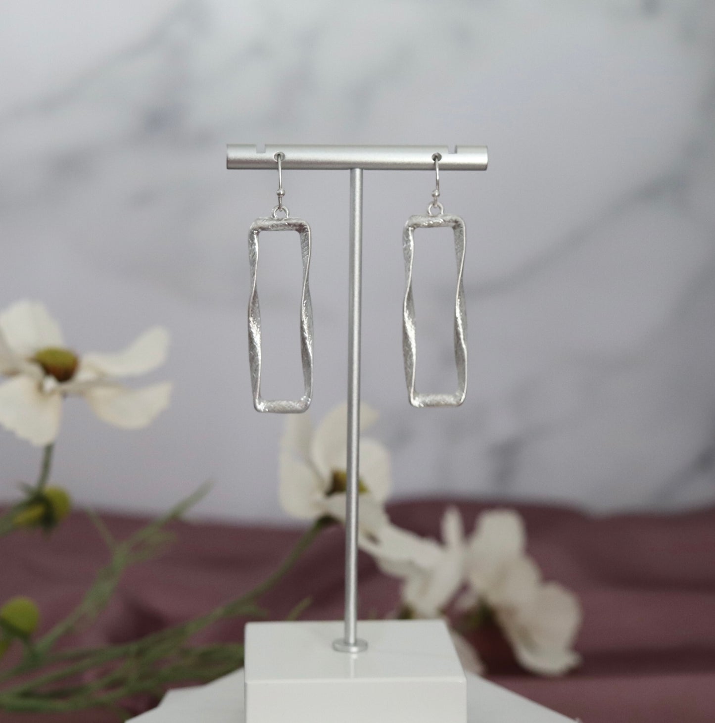 Silver Rectangle Dangling Earrings