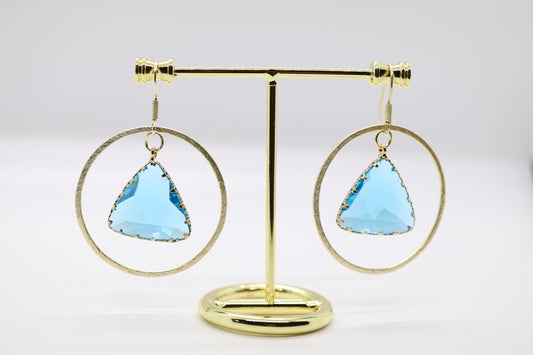 Triangle Aquamarine Drop Stone Dangling within a Gold Circle Earring