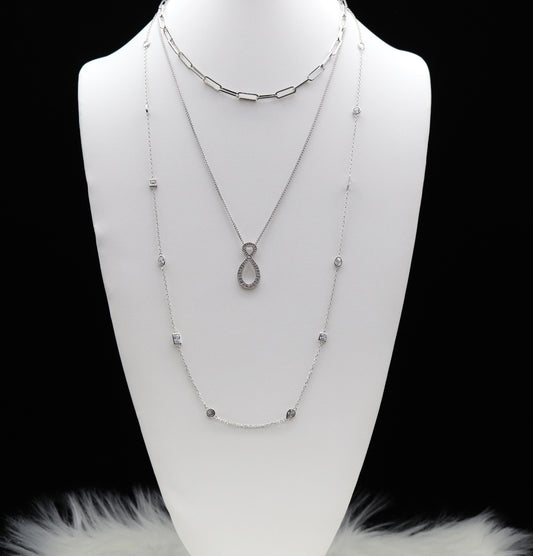 Silver Paperclip Chain, Figure 8 pendant and Diamond Station Layered Necklace