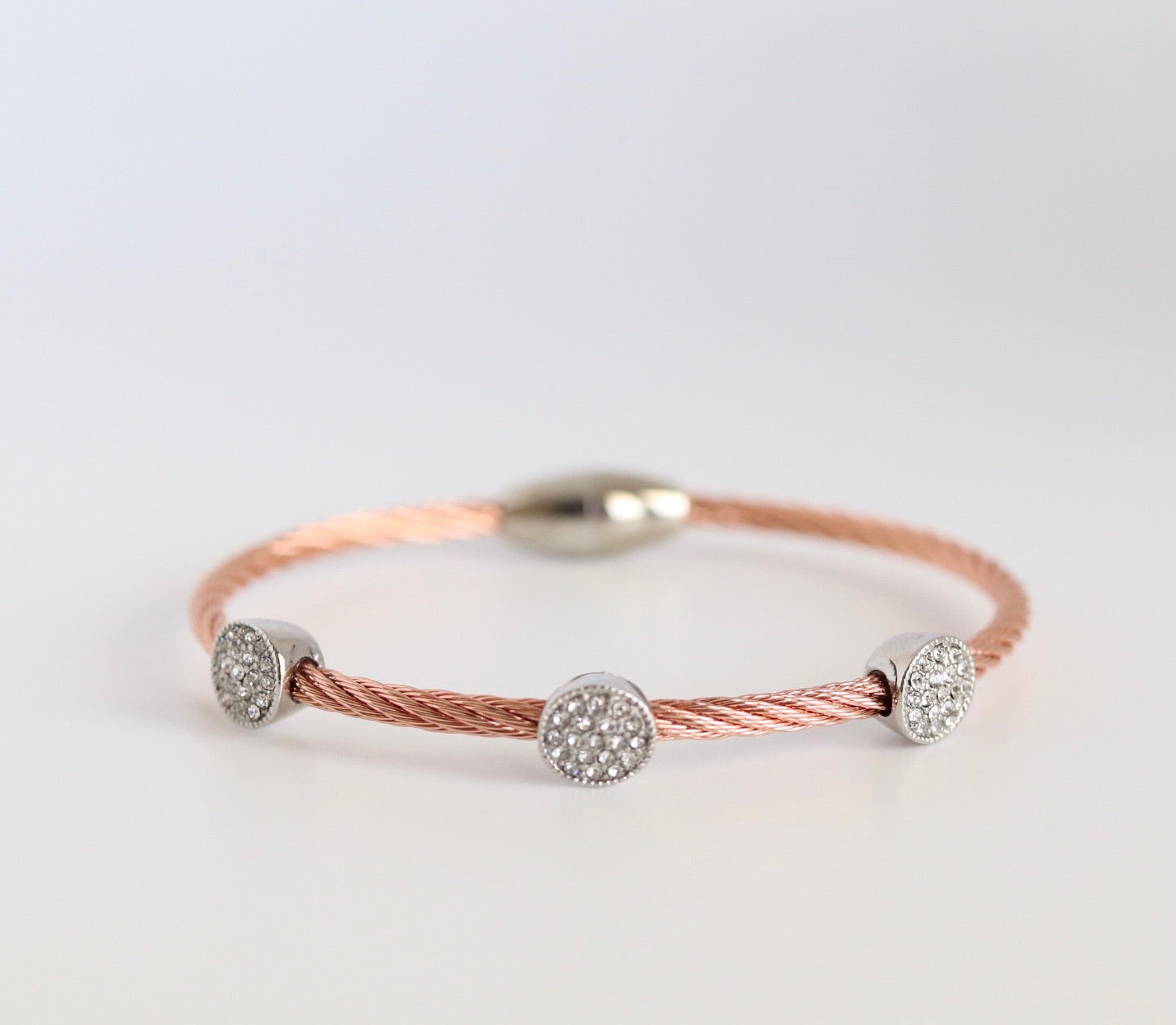 CZ Round Stations Twisted Cable Rose Gold Bracelet