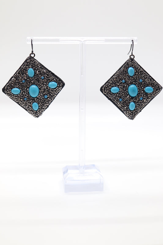 Black Rhinestone Paved Earrings With Station Turquoise