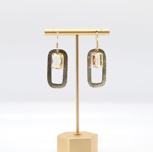 Gold Rectangular Drop Earrings with Center Citrine Stone