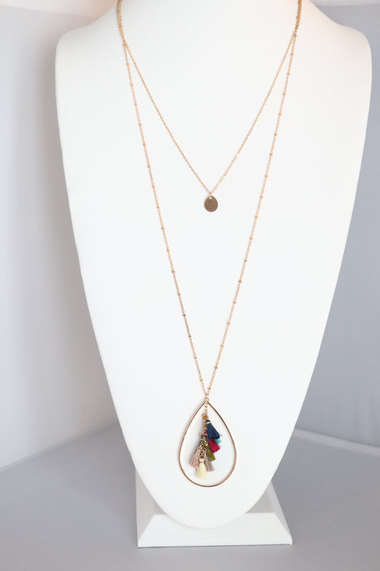 Long Double Layered Necklace With Rainbow Tassel Teardrop Pendant