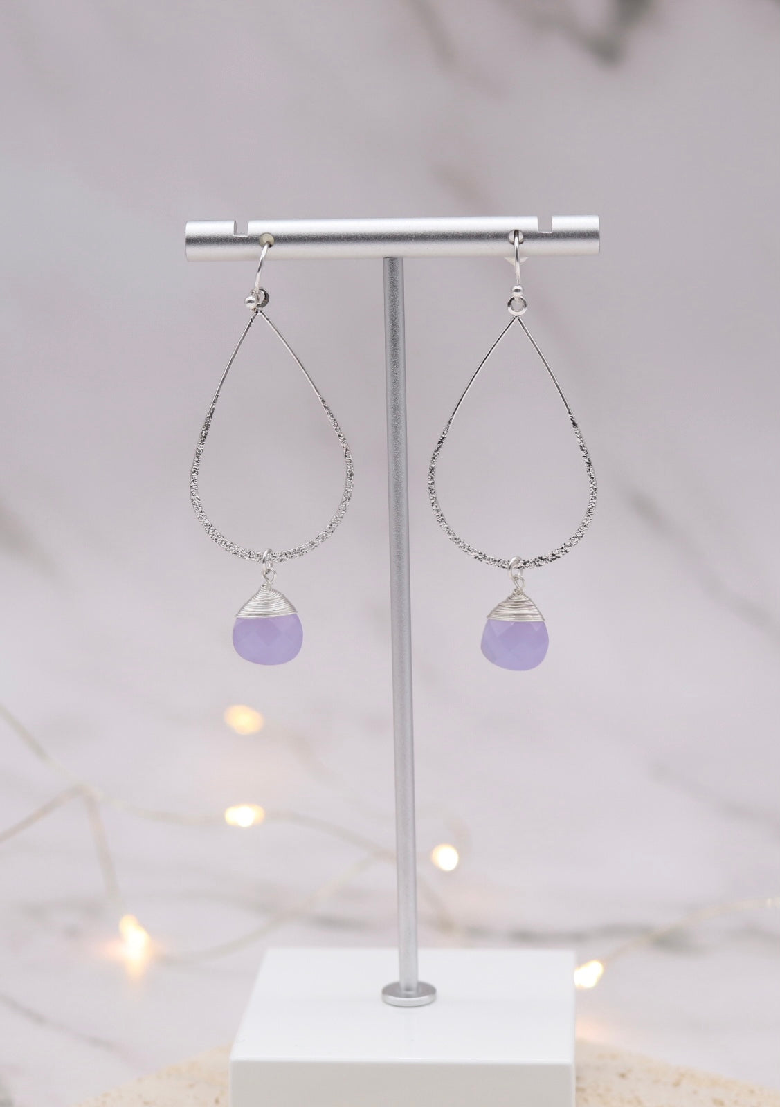 Silver Lavender Glass drop Teardrop Earrings