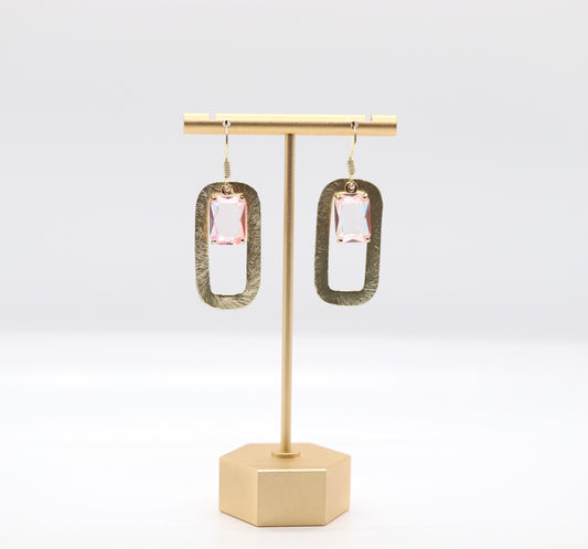 Gold Rectangle With Pink Stone Dangling Earrings