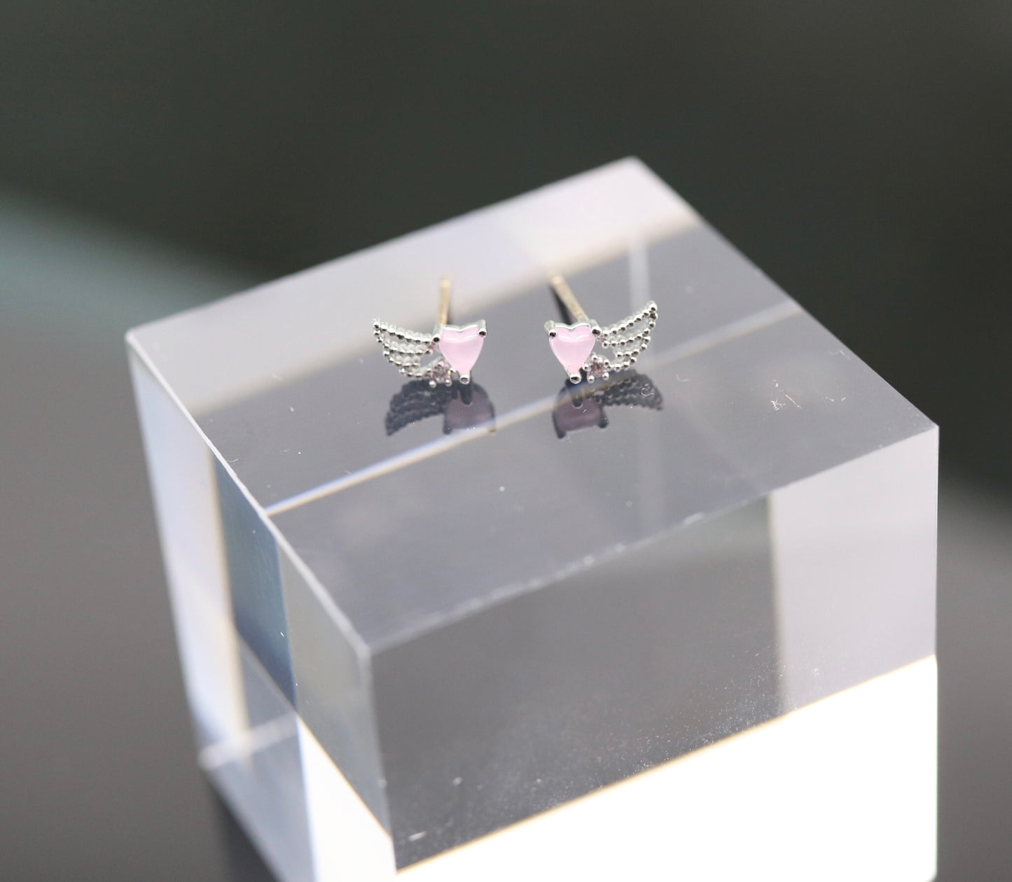 Tiny Pink Heart Wing Post Earrings