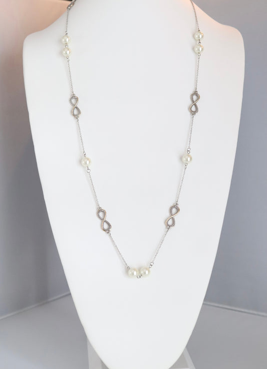 Silver Rope Figure Eight Stations Long Necklace With Pearls