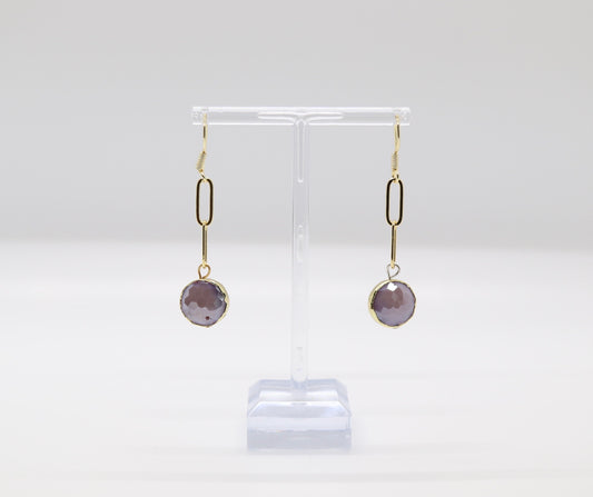 Gold Paperclip With Light Purple Stone Dangling Earrings