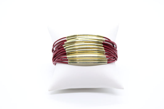 Gold Tube Bracelet, Red Cord Stackable Multi-Strand