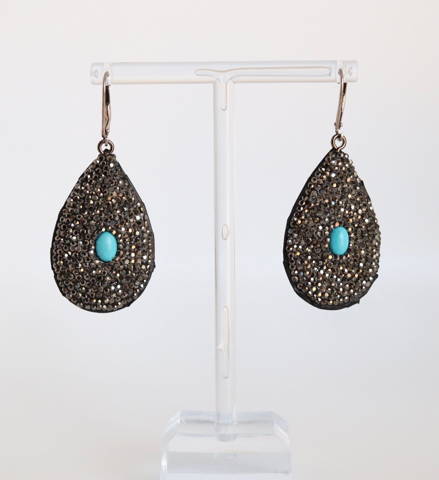 Black Rhinestones Paved Turquoise Earrings