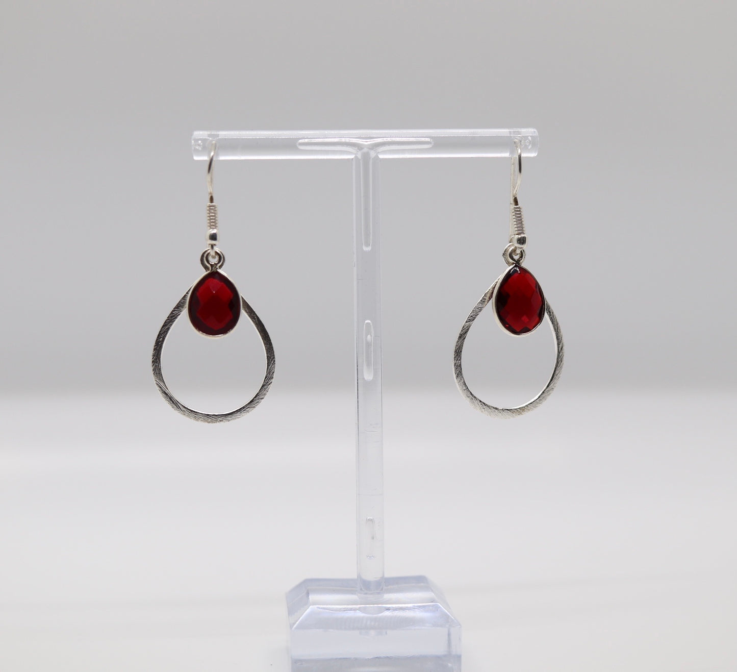 Silver Circle and Red Teardrop Earrings