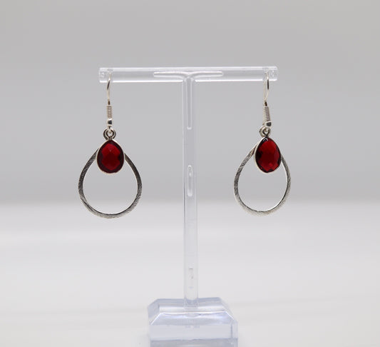 Silver Circle and Red Teardrop Earrings