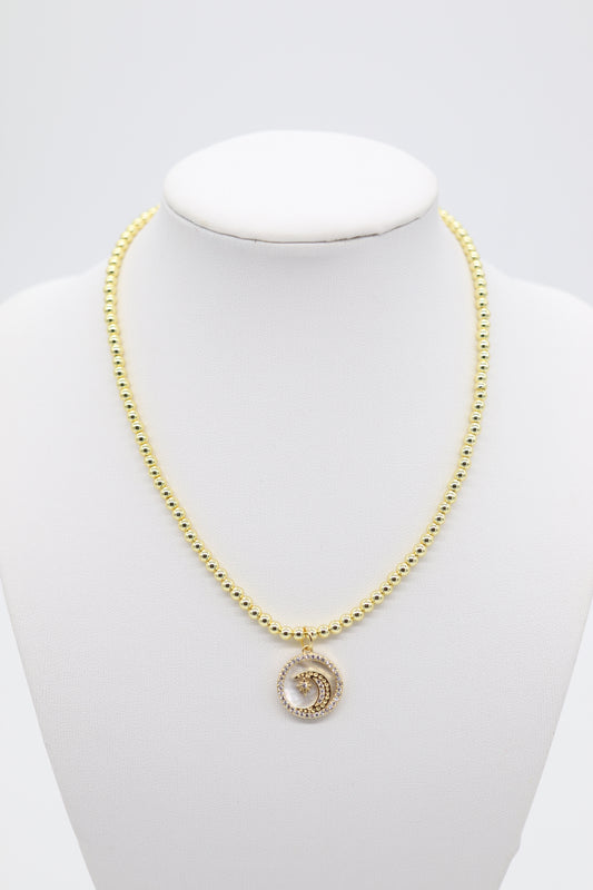 Classic Gold Beaded Necklace With Half-Moon Pendant (4mm)