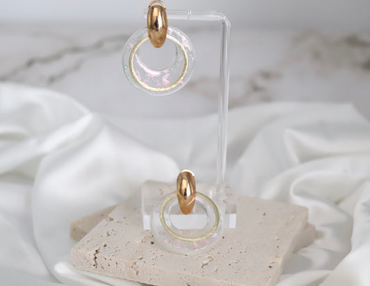 Glass White, Gold Ring Circle With Silver Splattered Earrings