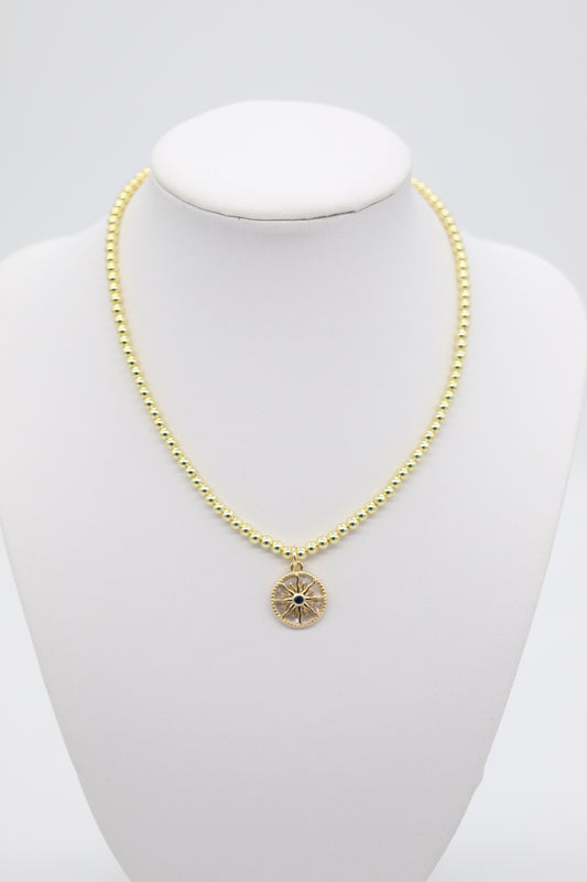 Classic Gold Beaded Necklace With Sunburst Pendant (4mm)