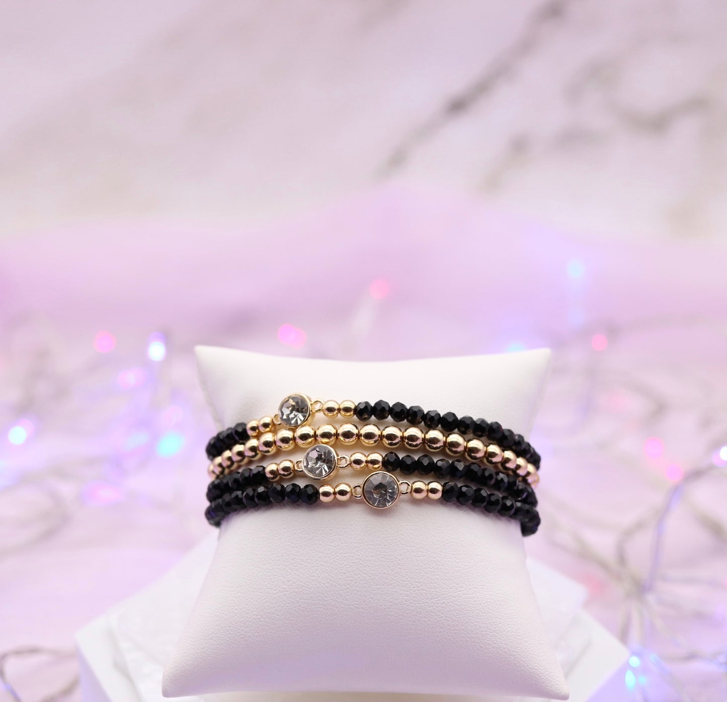 Black Glass Bead Crystal 4 Piece Bracelet Set