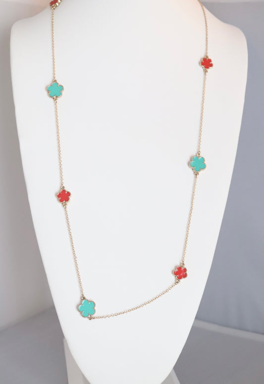Turquoise and Orange Clover Long Necklace