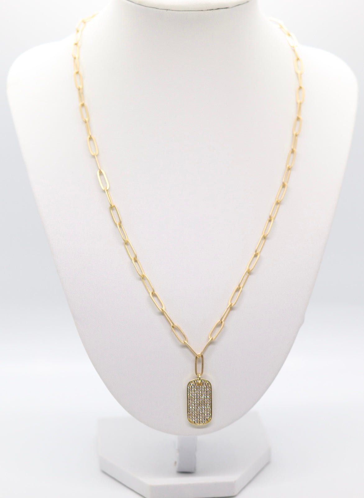 Gold 3.8mm Link Chain with Rectangle Diamond Paved Pendant - 18 inches