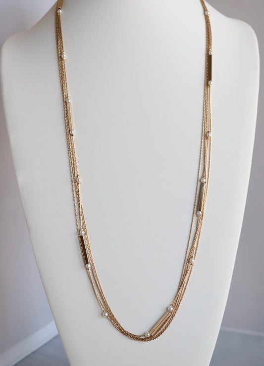 Long Slender Gold and Pearl Necklace