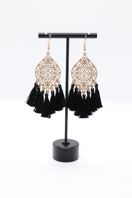 Beautiful Gold Filagree with Black Tassel Earrings