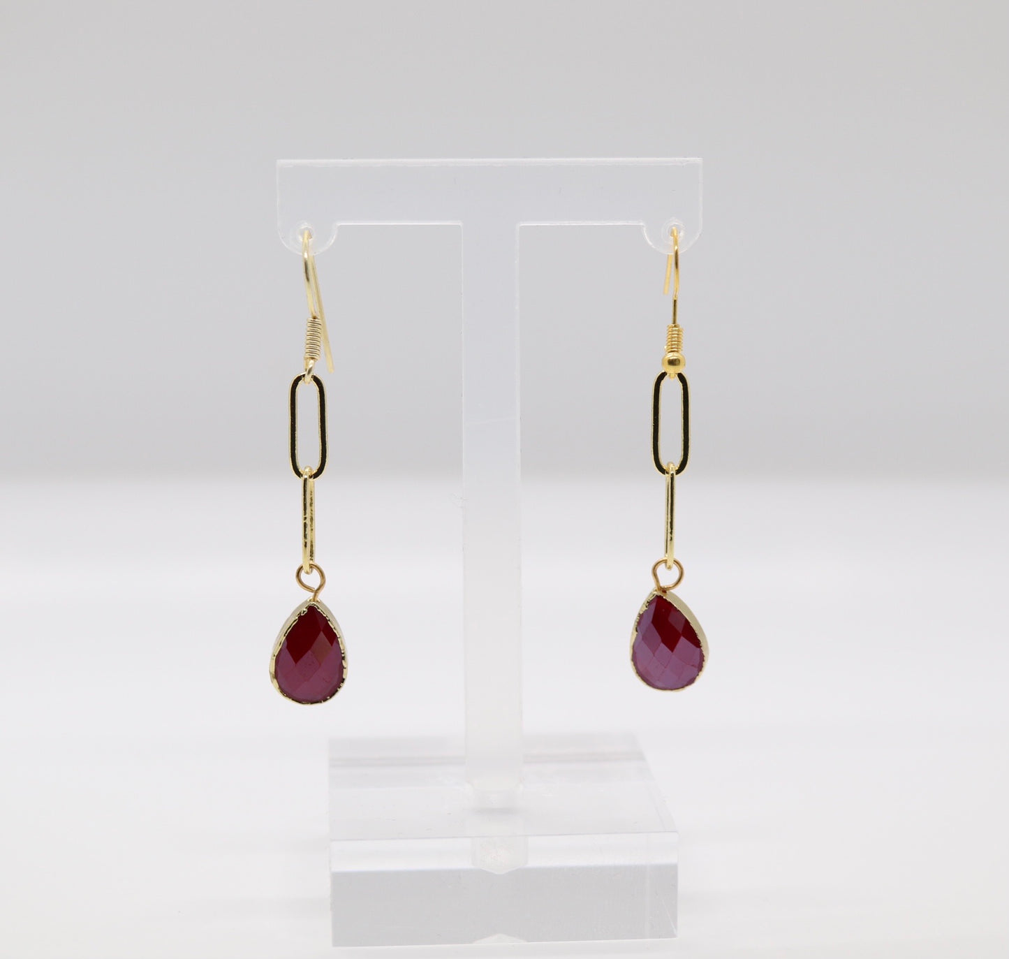 Gold Chain With Ruby Red Stone Dangling Earrings