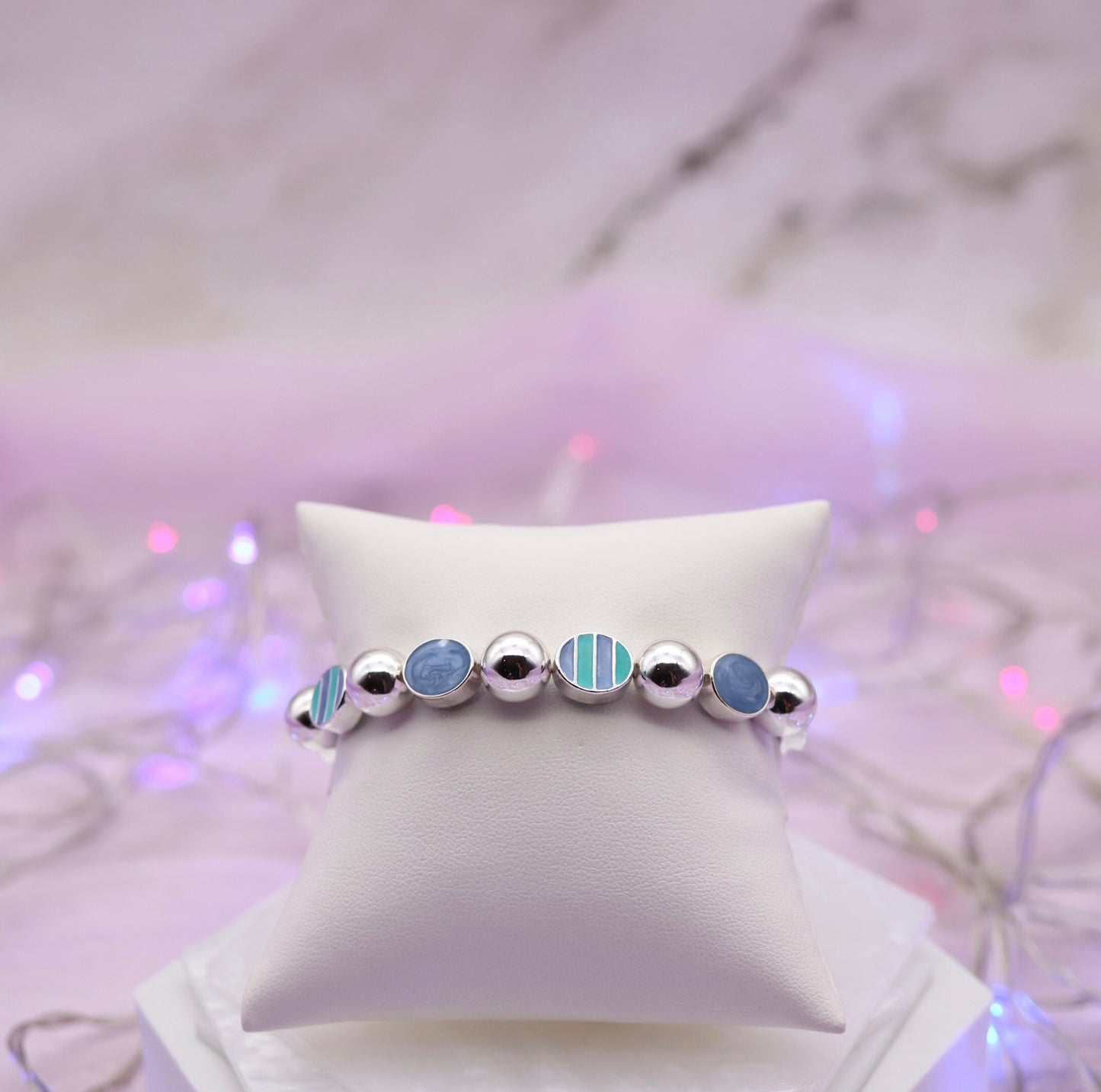 Silver Blue Stripe Enamel Bead Bracelet