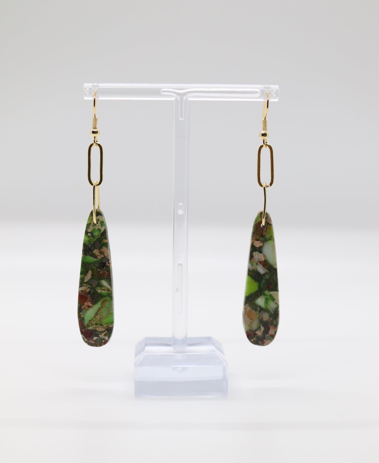 Variety Teardrop Geometric Natural Stone Gold Green Imperial Jasper Drop Dangle Paperclip Earrings