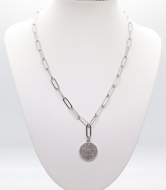 Silver 5.8mm Paperclip Chain with Druzy Round Silver Pendant