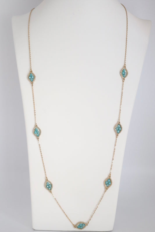 Gold Chain Blue Beaded Stations Necklace
