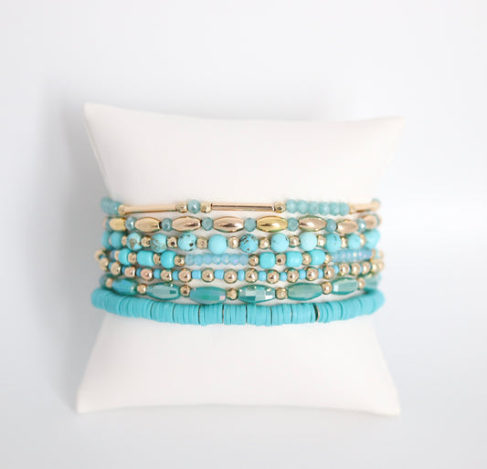 Gold Mixed Up Blue Beads 5 PC Bracelet Set