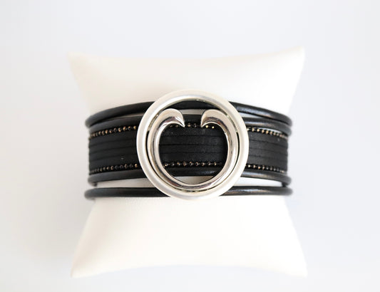 Silver Circle Charm Black Leather Magnetic Bracelet