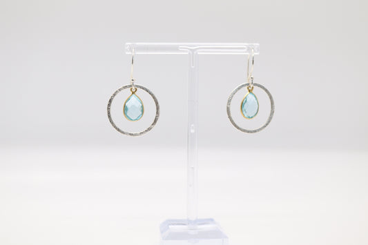 Gold Circle With Light Blue Dangling Earrings