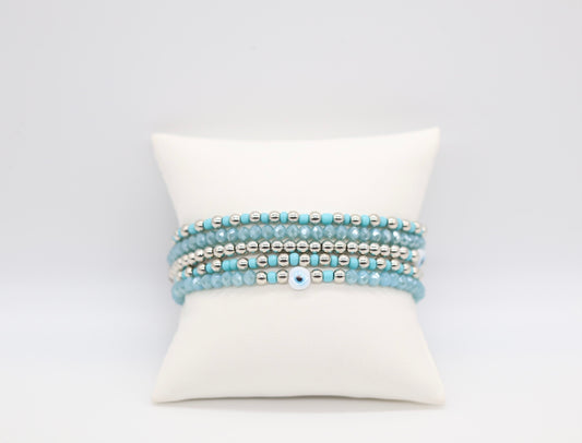 Silver Turquoise Evil Eye Beads 5 Piece Bracelet Set