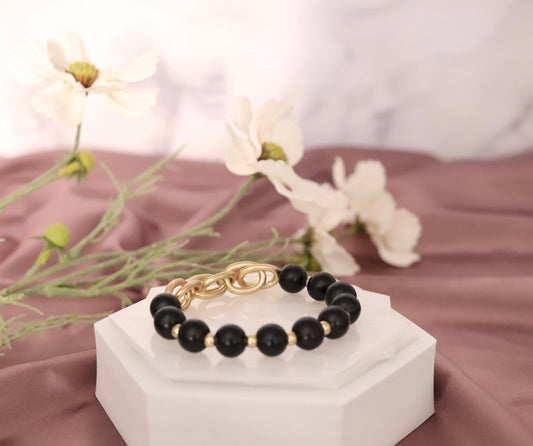 Black Beads and Gold Clip Elastic Bracelet