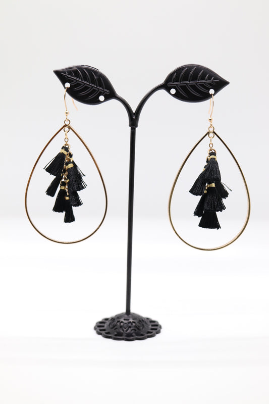 Gold Teardrop Earrings with Black Tassels