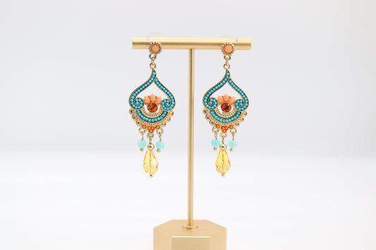 Gold Beaded Chandelier Earring with Turquoise an Topaz Stones