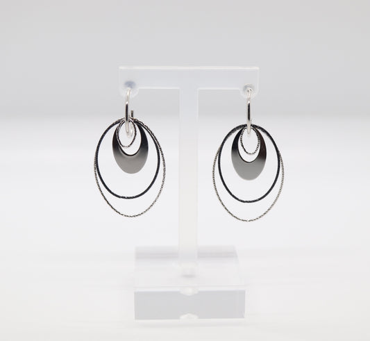 Silver and Black Multi-Circles Italian Dangle Earrings (Sterling Earrings)