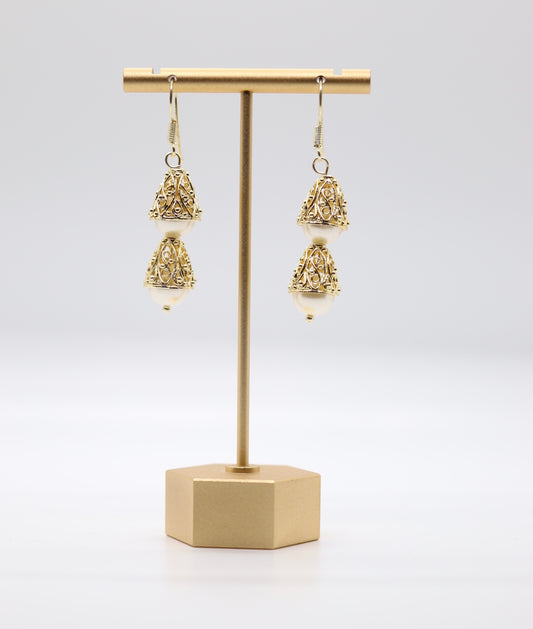 Gold Filigree Decore Double Pearl Drop Earrings