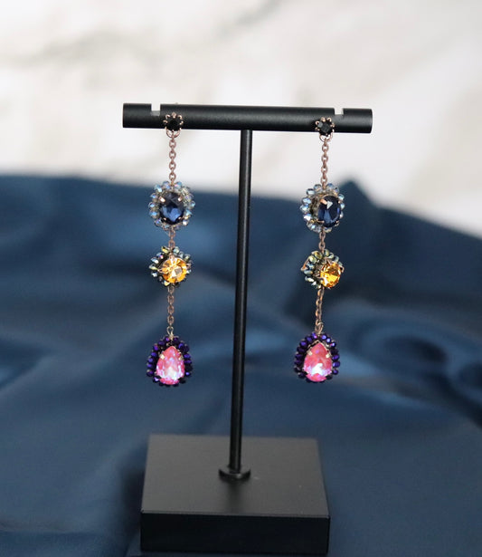 Handmade Navy Blue, Merigold and Pink Dangling Earrings