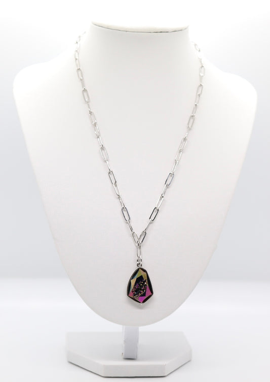 Beautiful Silver Chain w/Dark Amethyst Paved Pendant Necklace