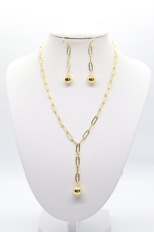 Small Paperclip Gold Necklace with a Gold Pearl Pendant and Matching Earrings