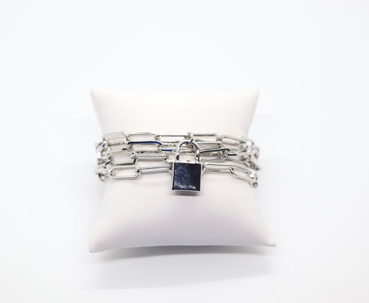 Beautiful Multi-Layer Silver Paperclip Chain Bracelet with Dangling Lock and Magnetic Clasp