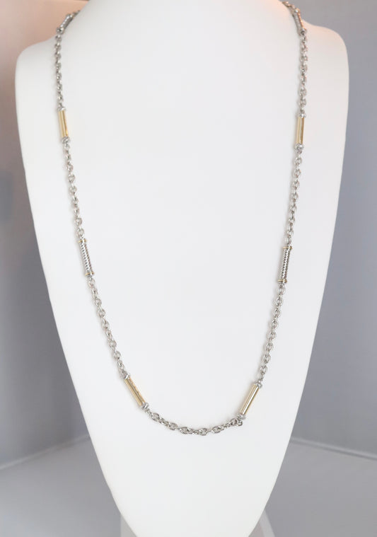 Long Silver Necklace With Gold Bar Stations