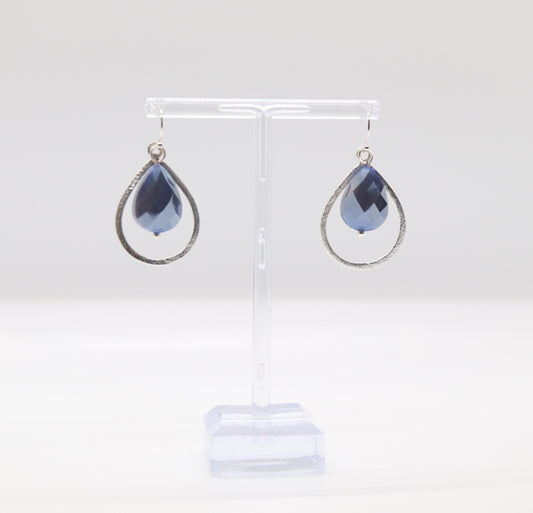 Silver Teardrop Earrings With Blue Stones