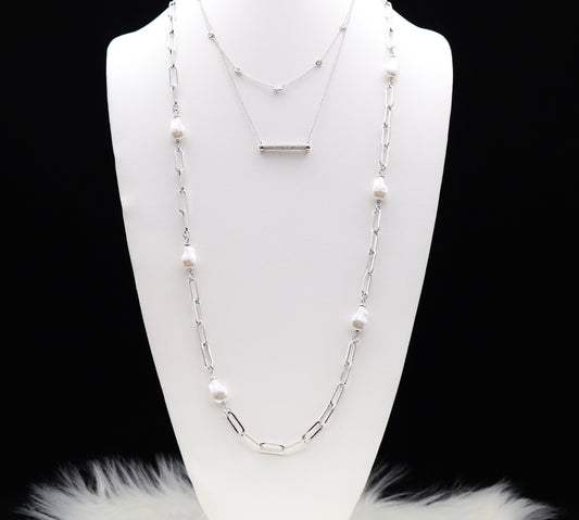 Beautiful Layered Silver Paperclip Pearl Necklace