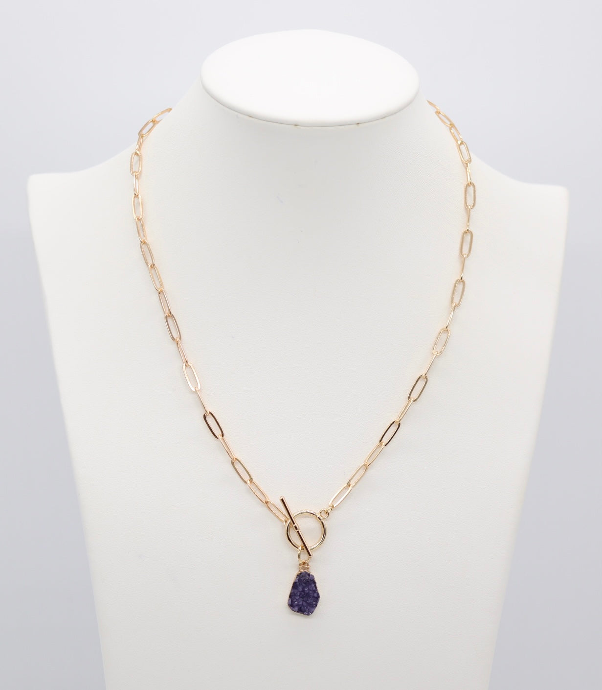 Gold Purple Druzy Toggle Drop Necklace