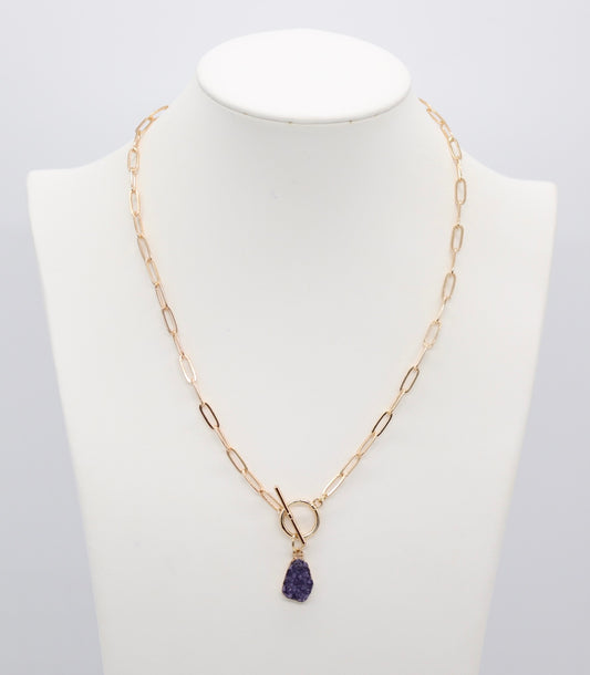 Gold Purple Druzy Toggle Drop Necklace