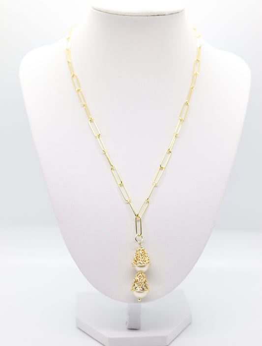 Gold Paperclip Chain with Filigree Decore Double Pearl Pendant
