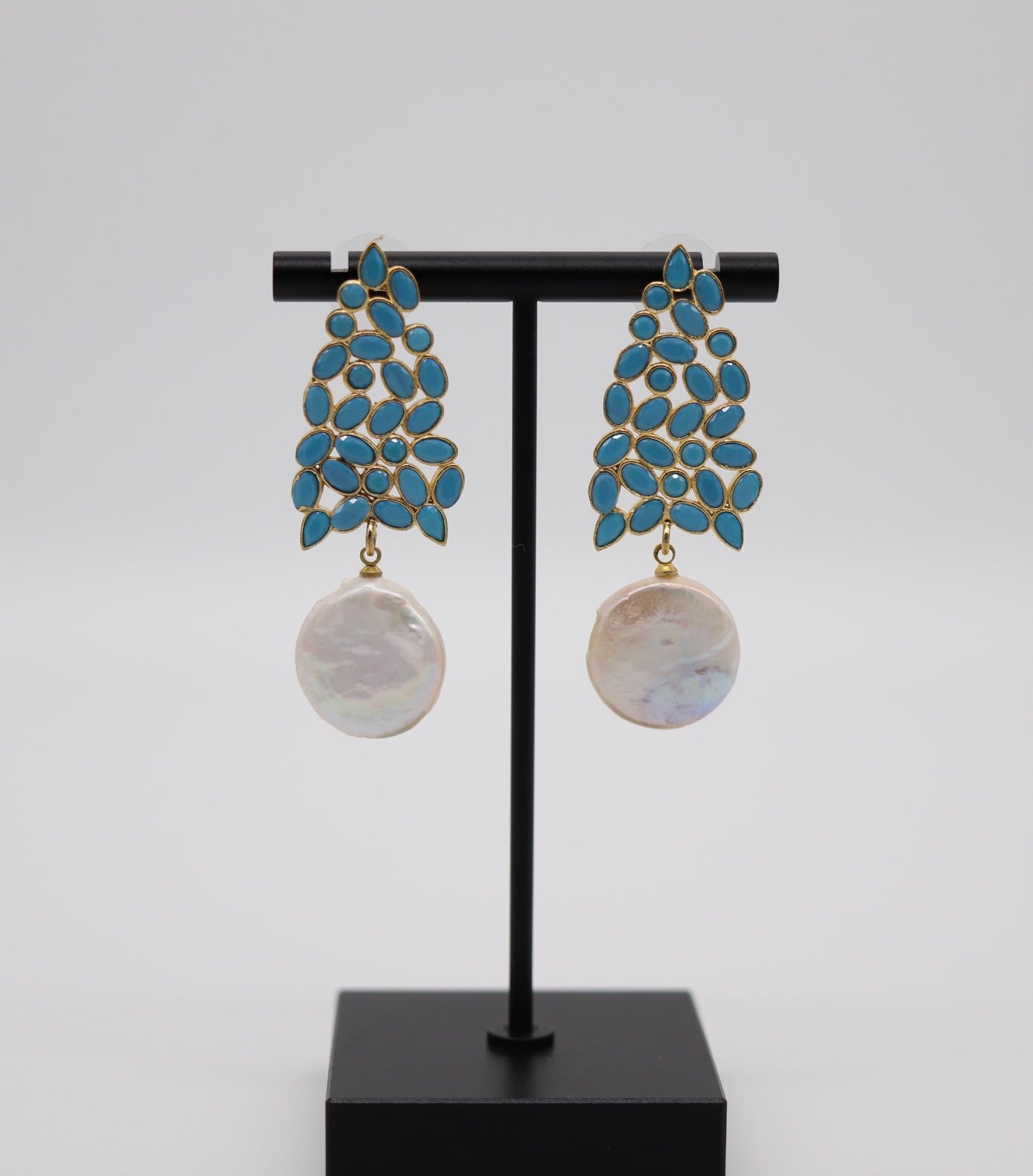 Turquoise Stones Round Pearl Earrings