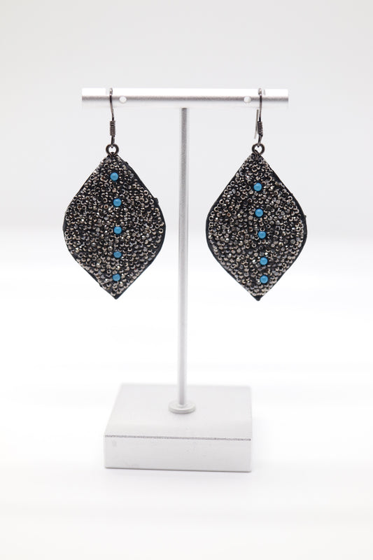 Black Rhinestone Paved Teardrop Earrings With Turquoise Beaded Stations